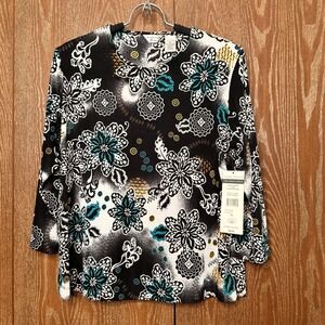 NWT Stretch Laura Ashley PL Black Beach Glass Floral Print Easy Wear Knit Top